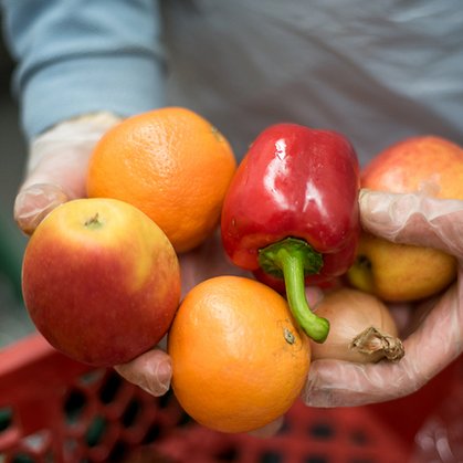 Ein ehrenamtlicher Helfer der Tafel rettet Obst und Gemüse.